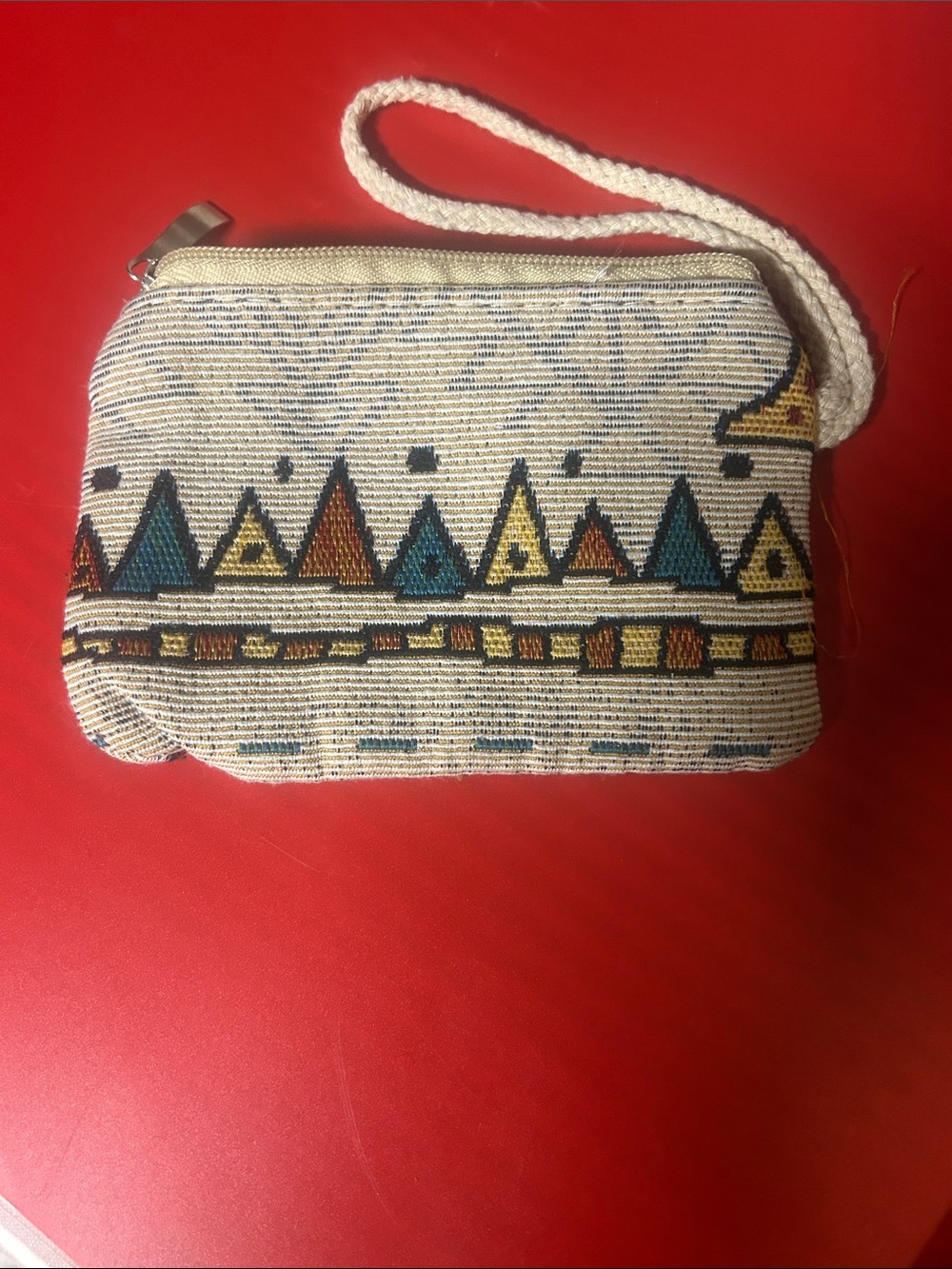 Handwoven Tribal Triangle Wristlet Pouch in Cream and Teal
